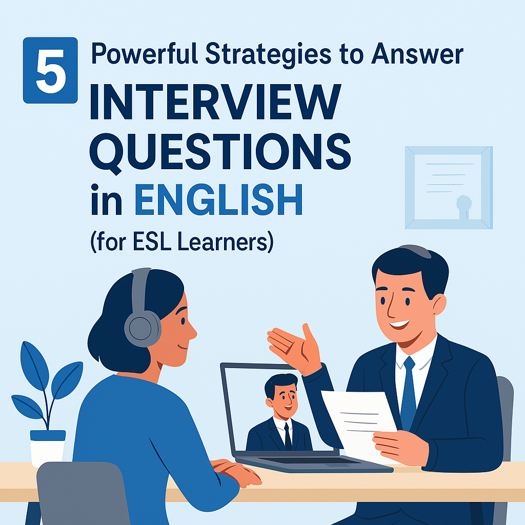 A non-native English speaker sitting confidently in a job interview setting, representing ESL learners preparing for English interviews