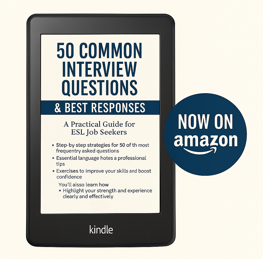 50 Common Interview Questions & Best Responses by Kal – book cover for ESL job seekers